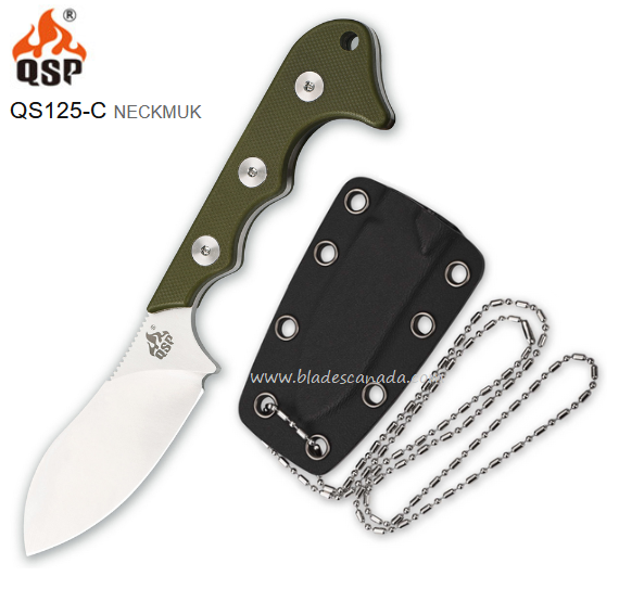 QSP Neckmuk Fixed Blade Neck Knife, D2 Steel, G10 OD, Kydex Sheath, QS125-C